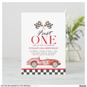 Fast One Racing Red Car First Birthday Invitation