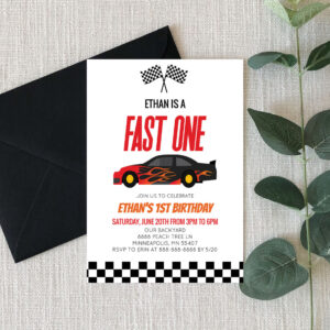 Fast One Red Flame Race Car 1st Birthday Party Invitation