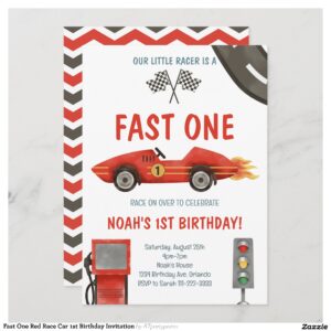 Fast One Red Race Car 1st Birthday Invitation