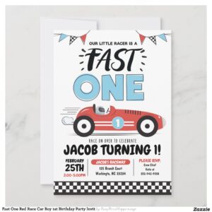 Fast One Red Race Car Boy 1st Birthday Party Invit Invitation