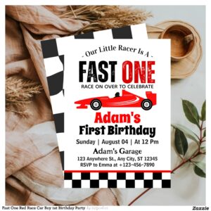 Fast One Red Race Car Boy 1st Birthday Party  Invitation