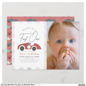 Fast One Red Race Car Boy 1st Birthday Photo Invitation