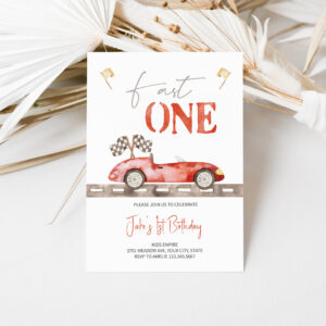 Fast ONE Retro Race Car Birthday Invitation