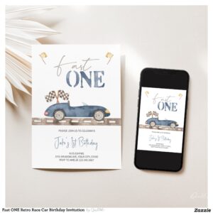 Fast ONE Retro Race Car Birthday Invitation