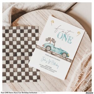 Fast ONE Retro Race Car Birthday Invitation