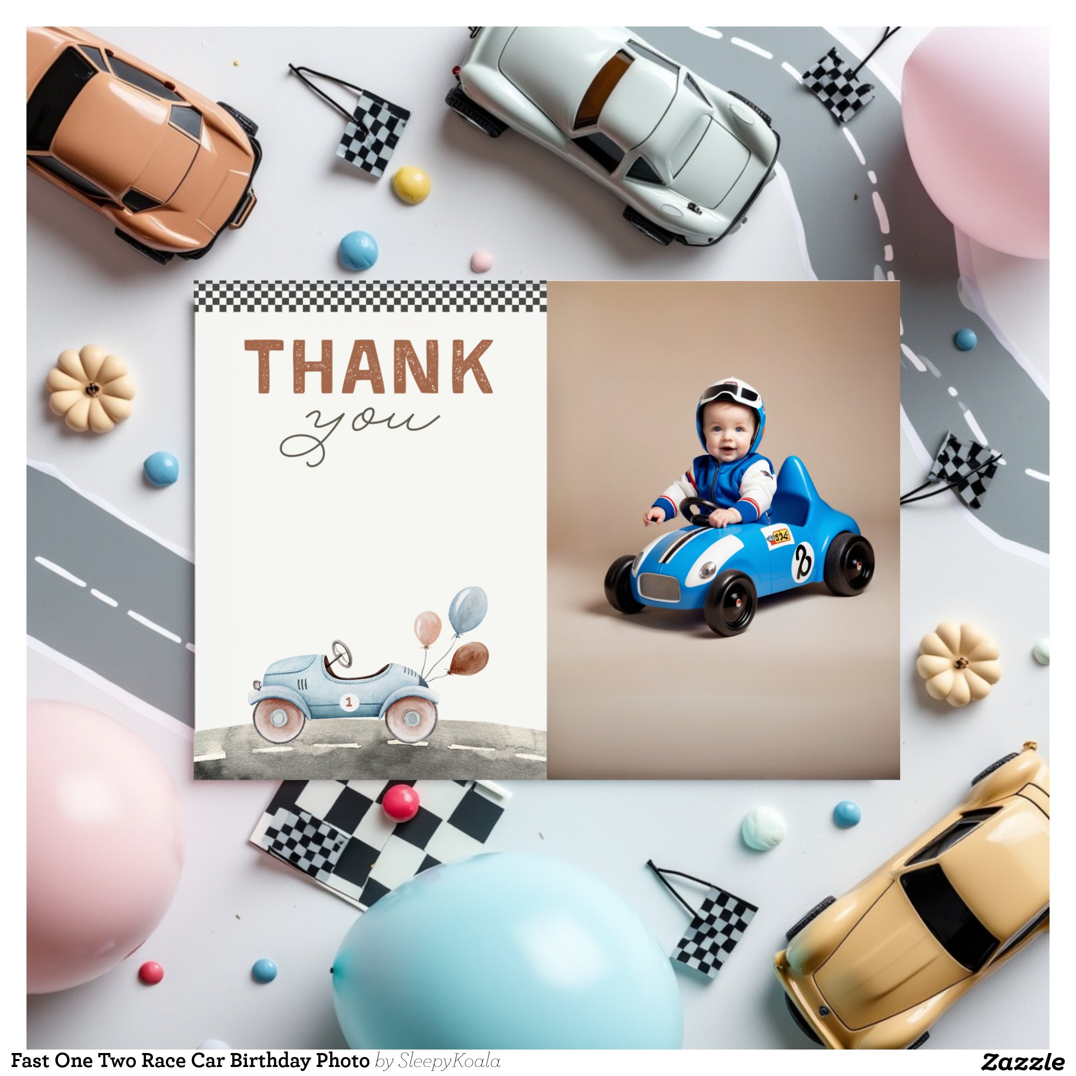Fast One Two Race Car Birthday Photo Thank You Card
