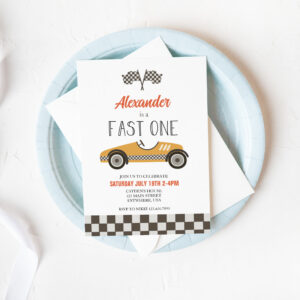Fast One yellow Race Car Birthday Invitation
