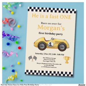 Fast One Yellow Race Car Kids First Birthday Party Invitation
