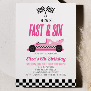 Fast & Six Pink Race Car 6th Birthday Party Invitation