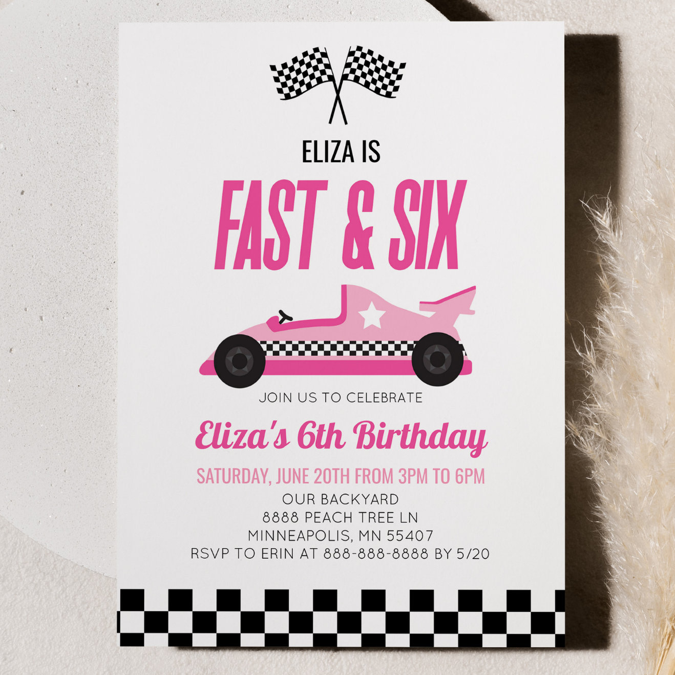 Fast & Six Pink Race Car 6th Birthday Party Invitation
