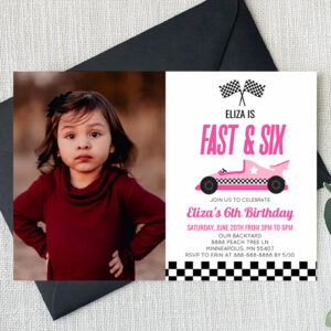 Fast & Six Pink Race Car 6th Birthday Party Invitation