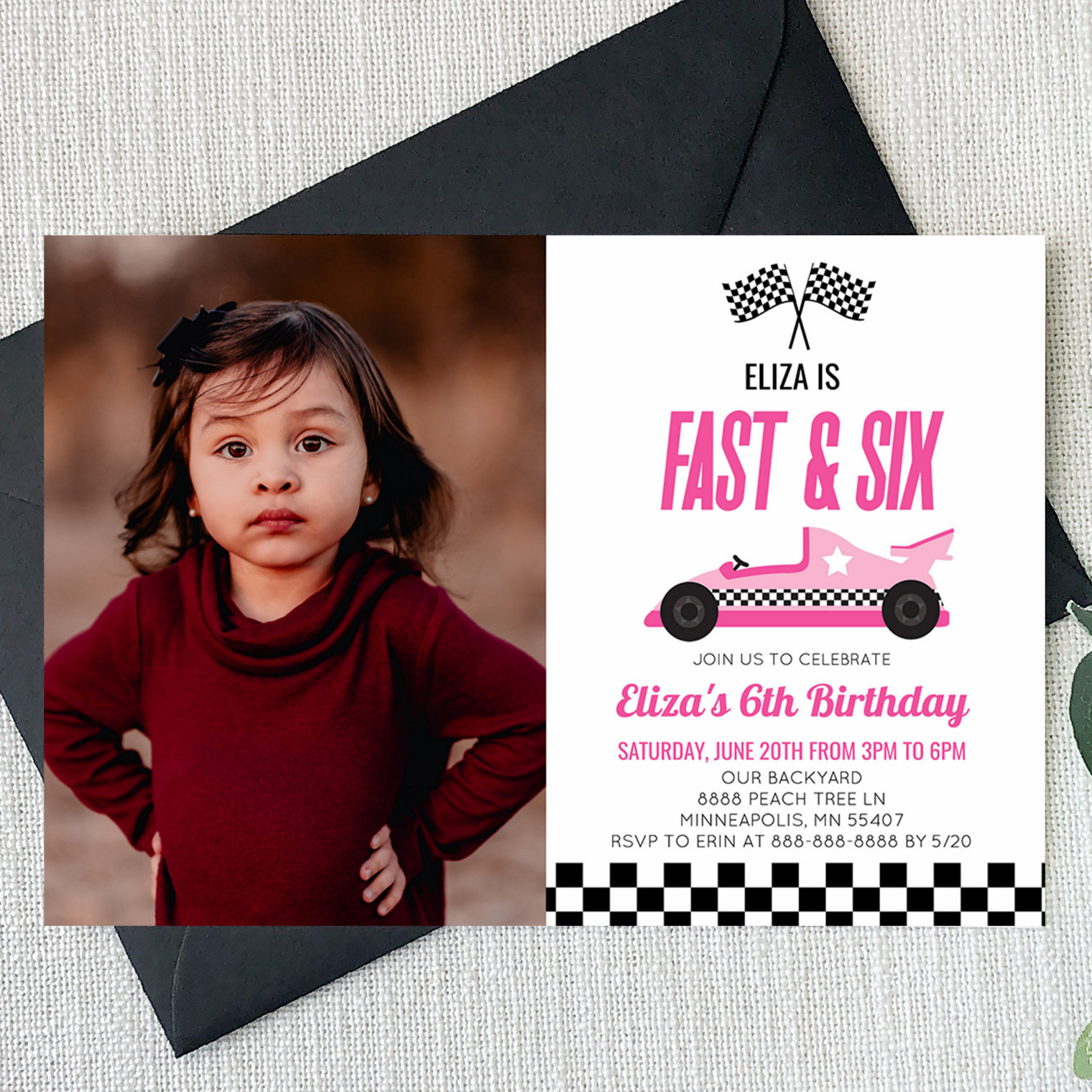 Fast & Six Pink Race Car 6th Birthday Party Invitation