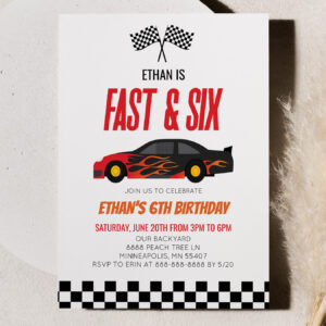 Fast & Six Red Flame Race Car 6th Birthday Party Invitation