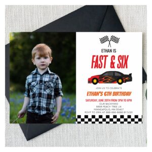 Fast & Six Red Flame Race Car 6th Birthday Party Invitation