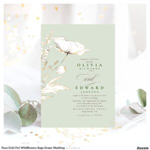 Faux Gold Foil Wildflowers Sage Green Wedding Invitation