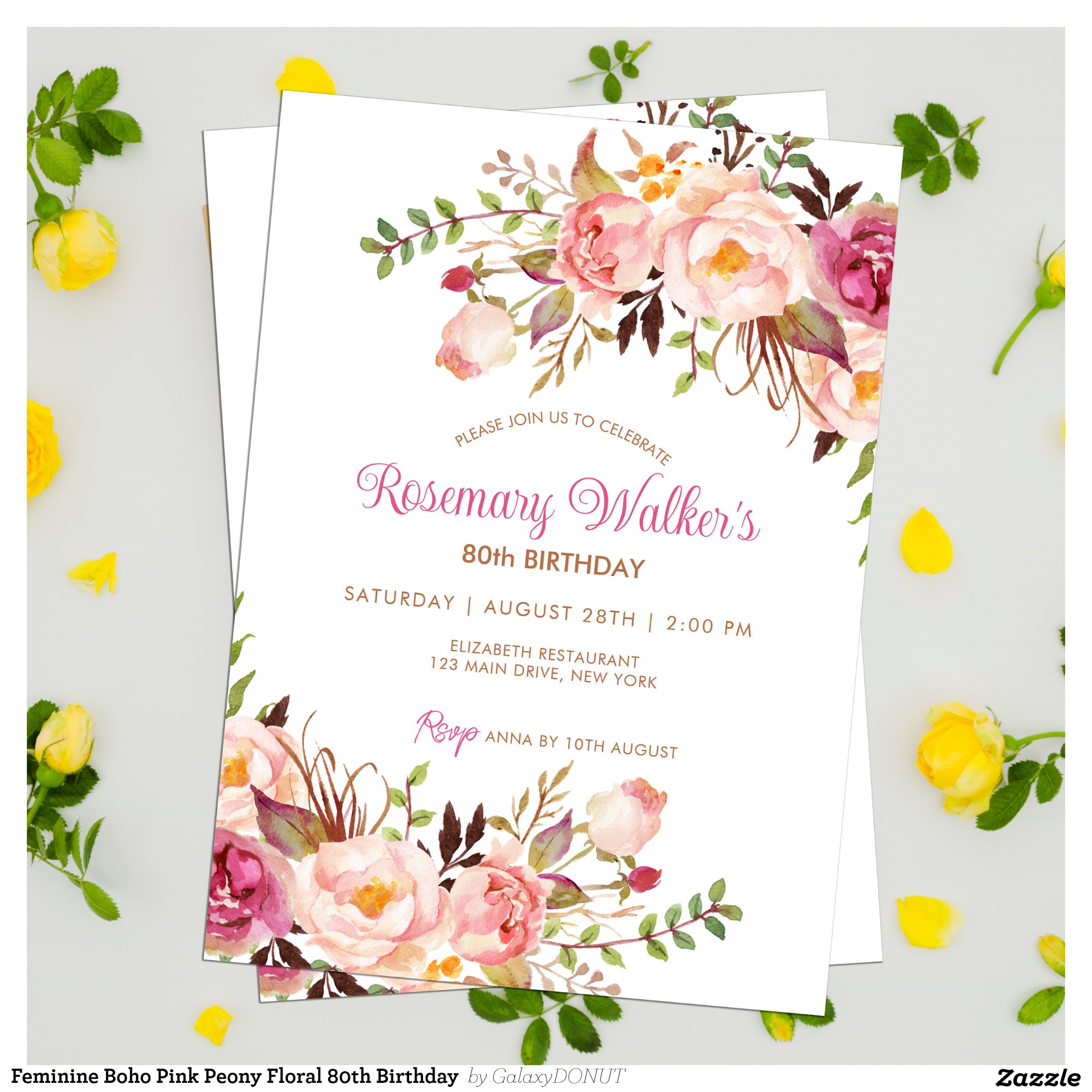 Feminine Boho Pink Peony Floral 80th Birthday  Invitation