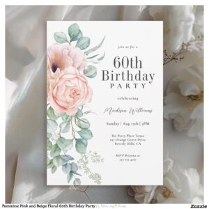 Feminine Pink and Beige Floral 60th Birthday Party Invitation
