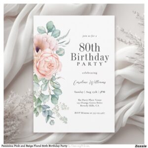 Feminine Pink and Beige Floral 80th Birthday Party Invitation