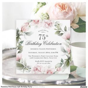 Feminine Pink Roses 75th Birthday Party Invitation