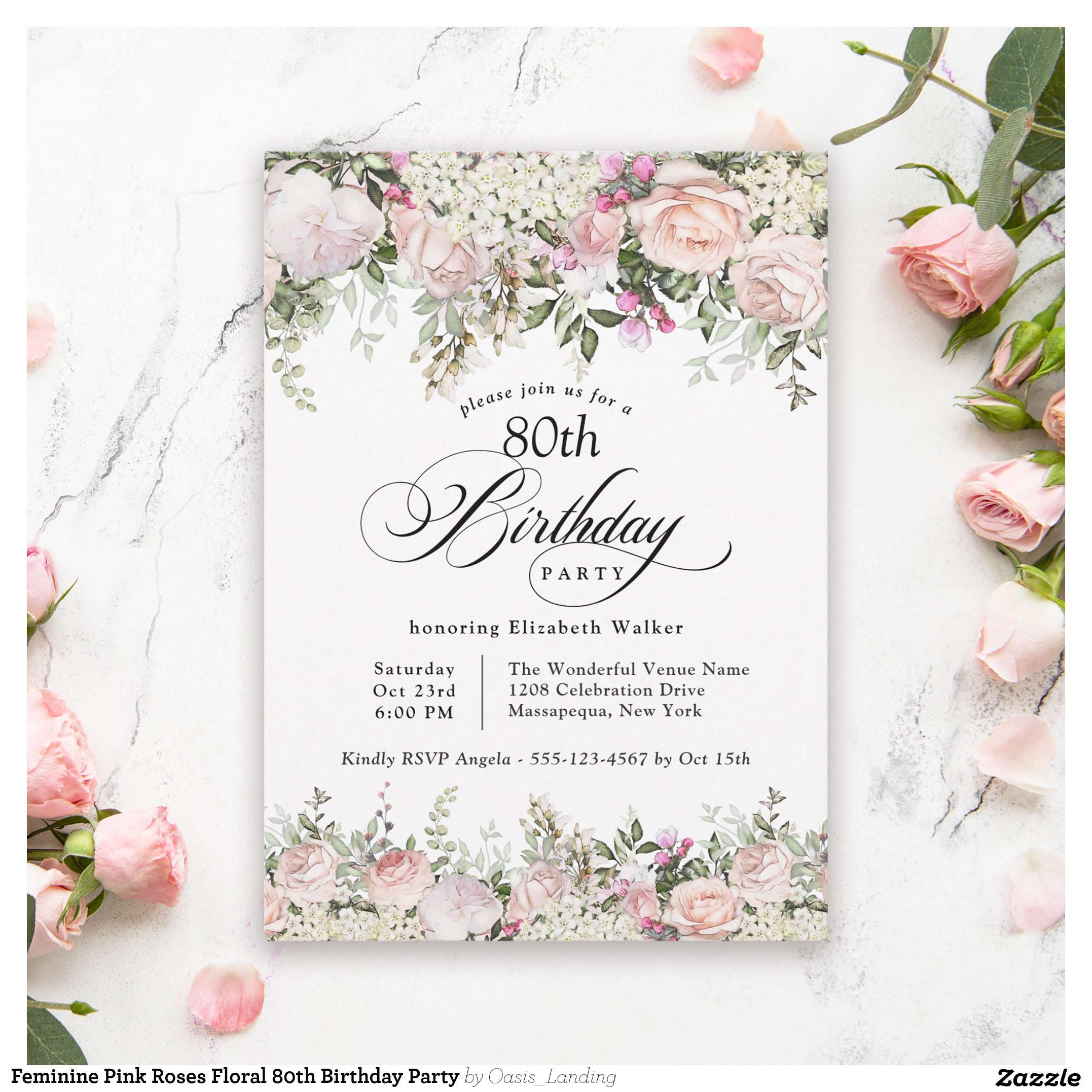 Feminine Pink Roses Floral 80th Birthday Party Invitation
