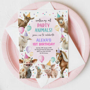 Festive Farm Barnyard Party Animals Girls Birthday Invitation