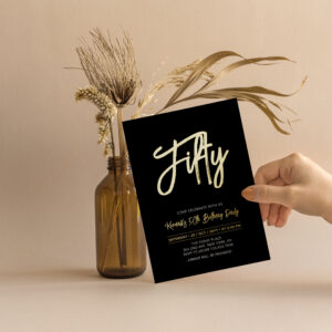 Fifty   Black Chic Script 50th Birthday Party Foil Invitation