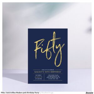 Fifty   Gold & Blue Modern 50th Birthday Party Invitation