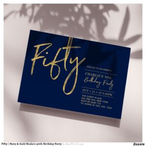 Fifty   Navy & Gold Modern 50th Birthday Party Invitation