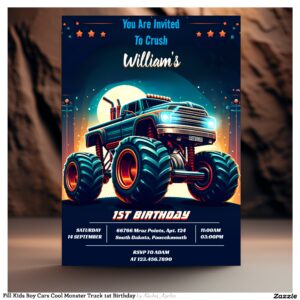 Fill Kids Boy Cars Cool Monster Truck 1st Birthday Invitation