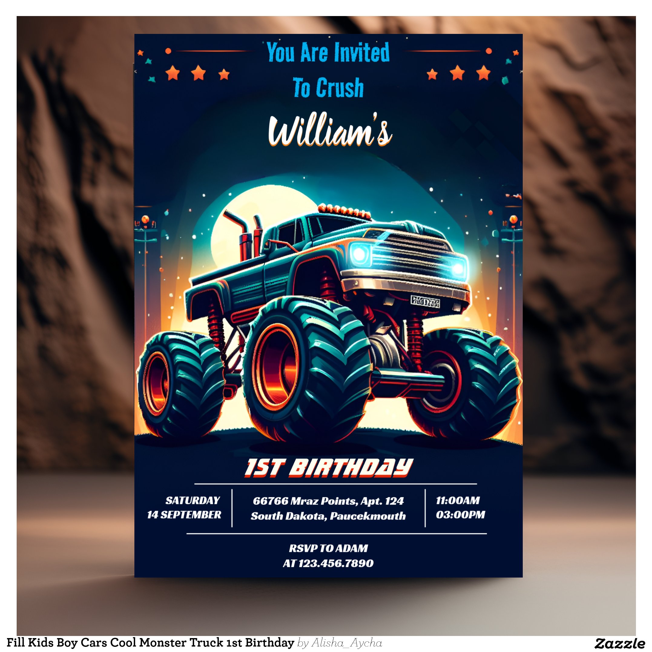 Fill Kids Boy Cars Cool Monster Truck 1st Birthday Invitation