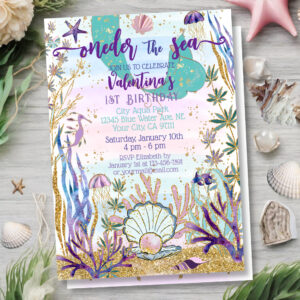 First Birthday 1st ONEder the Sea Mermaid Glitter Invitation