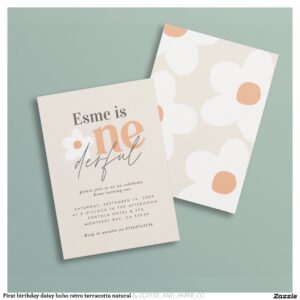 First birthday daisy boho retro terracotta natural invitation