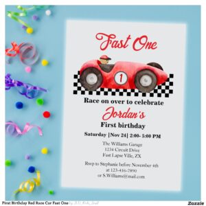 First Birthday Red Race Car Fast One Invitation