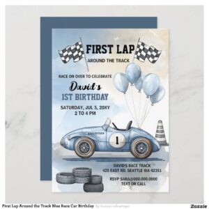 First Lap Around the Track Blue Race Car Birthday  Invitation