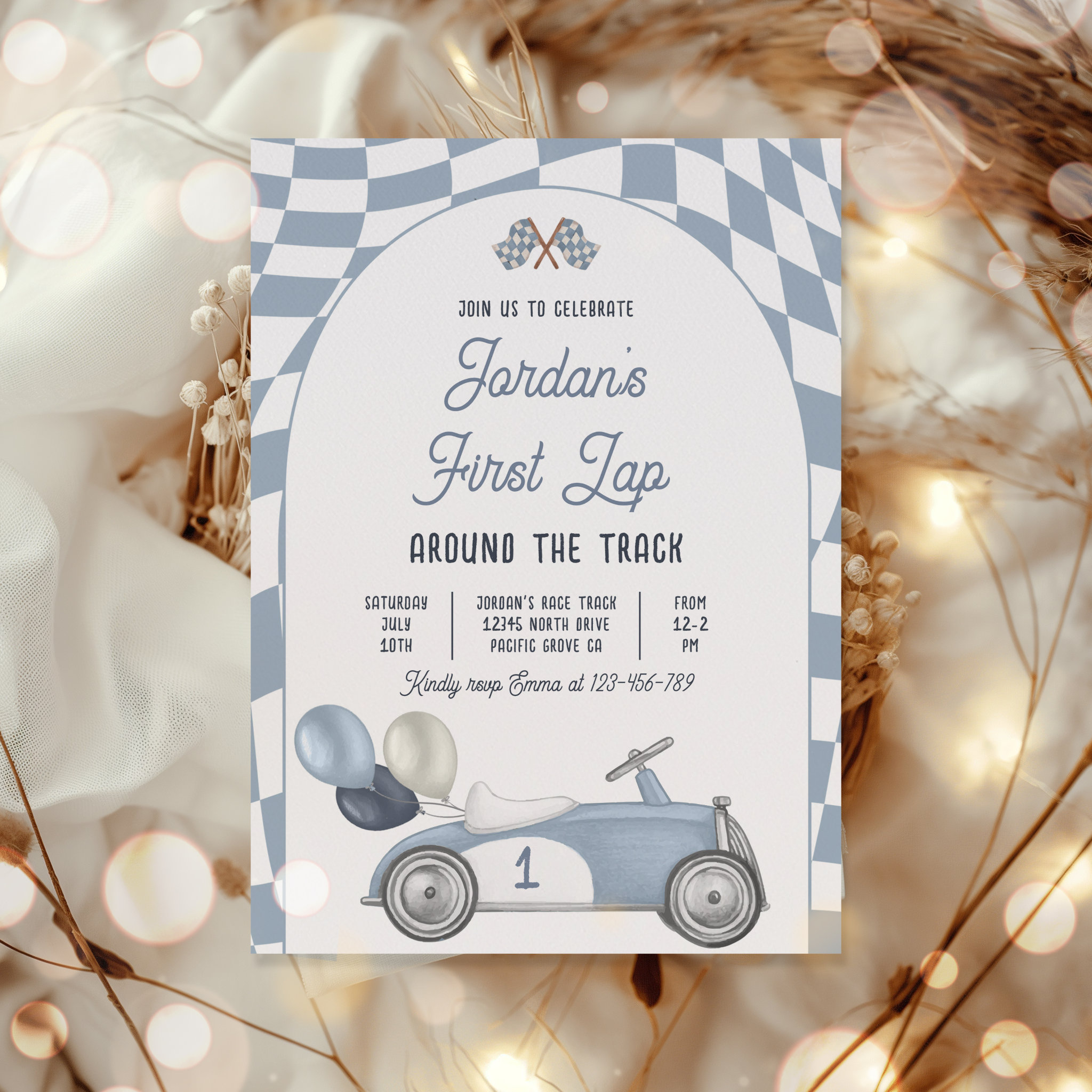 First Lap Around The Track Race Car 1st Birthday  Invitation