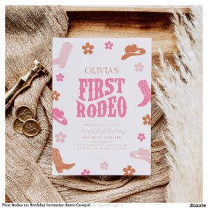First Rodeo 1st Birthday Invitation Retro Cowgirl