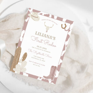 First Rodeo Cowgirl Birthday Cow Print Border Invitation