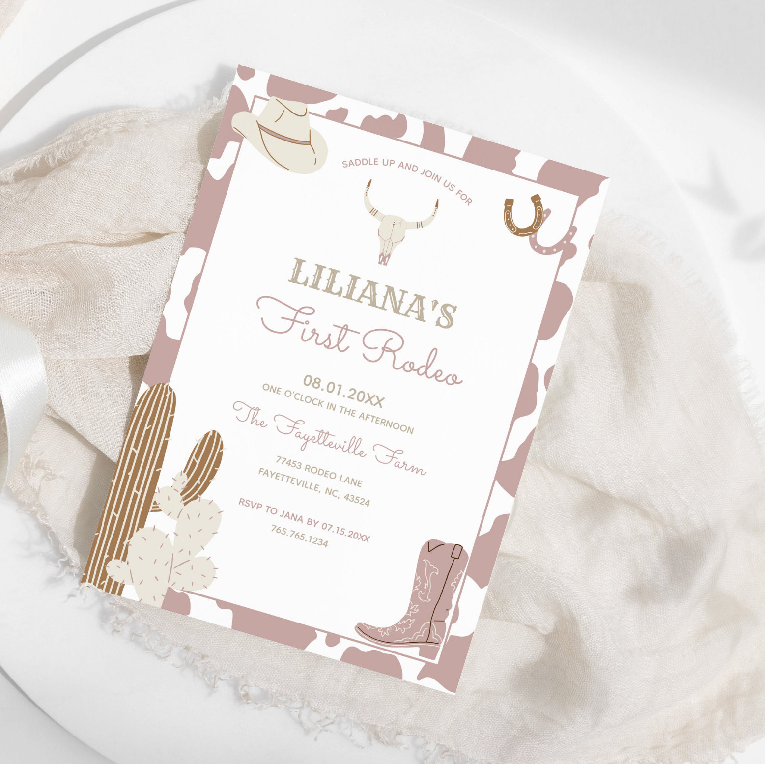 First Rodeo Cowgirl Birthday Cow Print Border Invitation