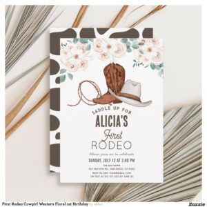 First Rodeo Cowgirl Western Floral 1st Birthday Invitation