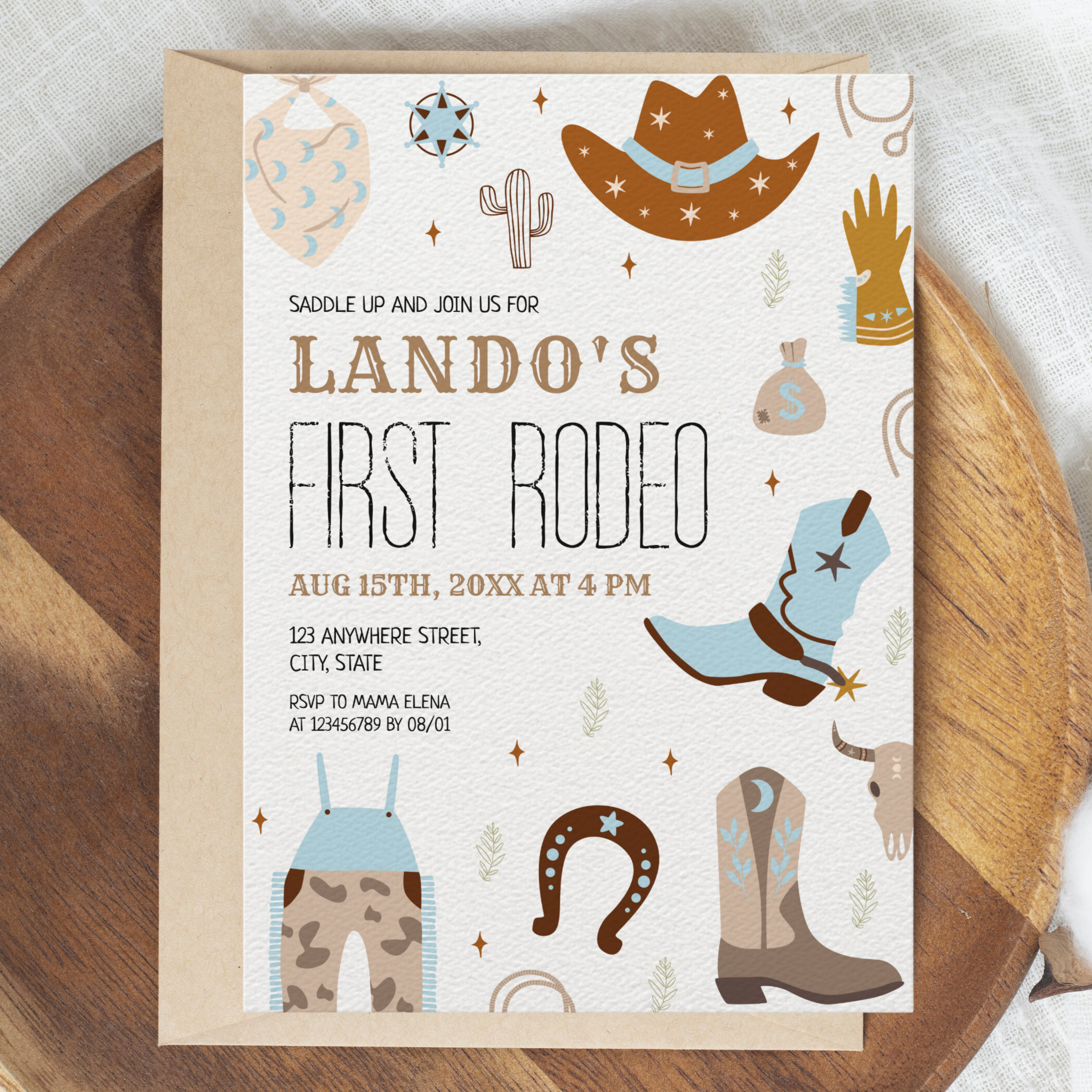 First Rodeo Wild West Blue Cowboy 1st Birthday Invitation