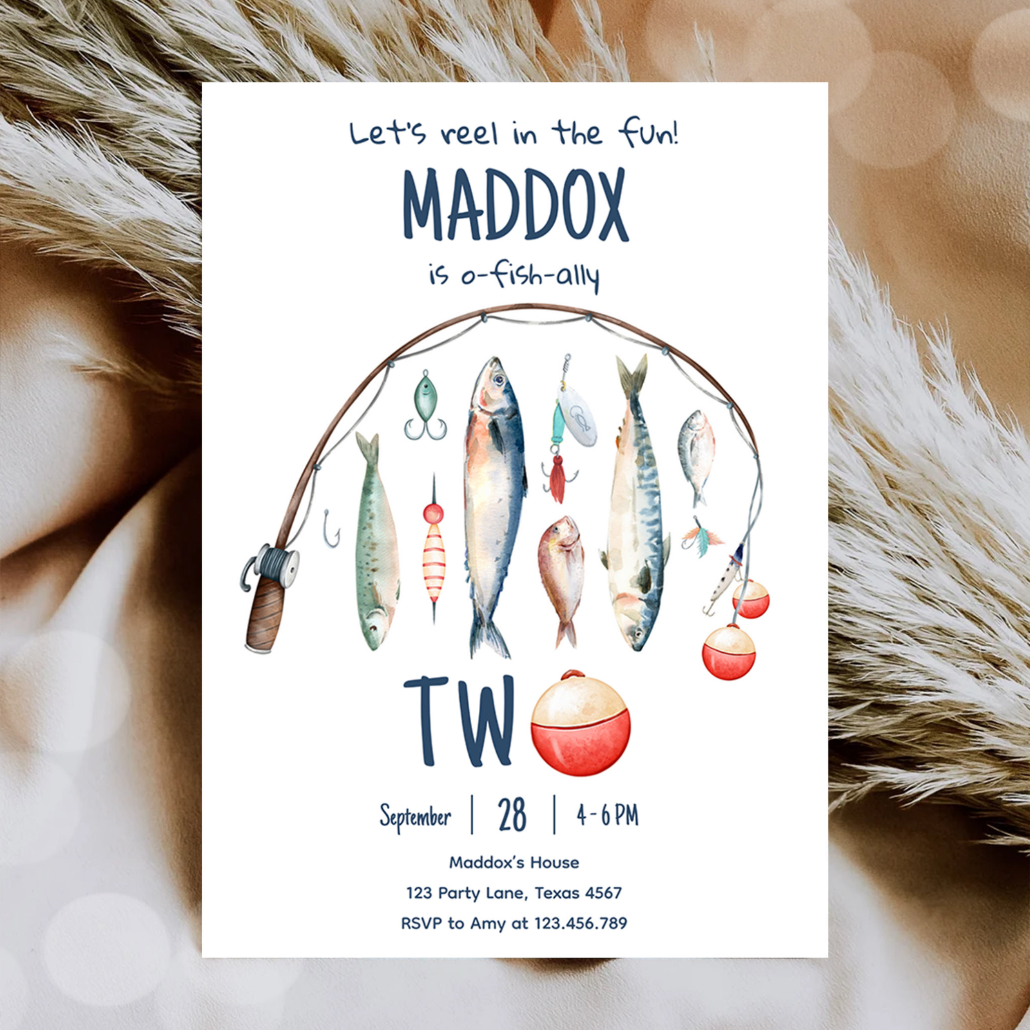 Fishing O-Fish-Ally Two Blue Boy 2nd Birthday  Invitation