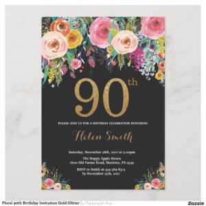 Floral 90th Birthday Invitation Gold Glitter