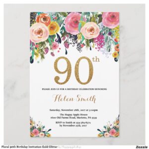 Floral 90th Birthday Invitation Gold Glitter