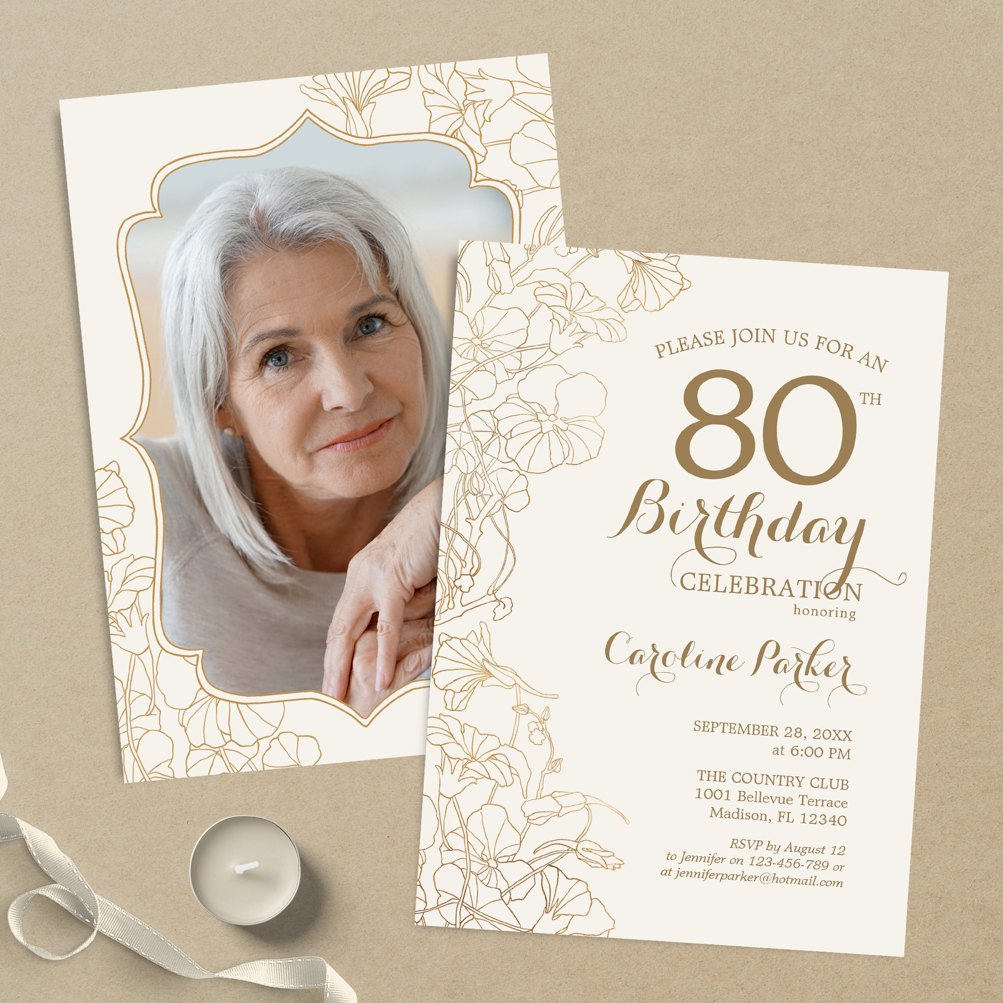 Floral Cream Gold Photo 80th Birthday Party Invitation