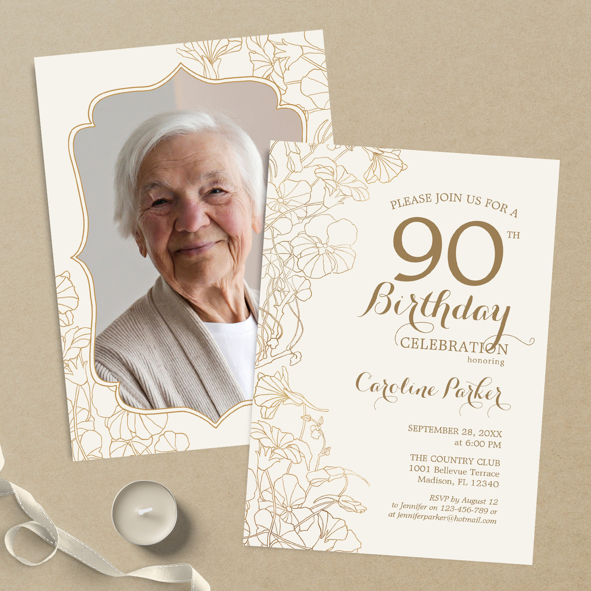Floral Cream Gold Photo 90th Birthday Party Invitation