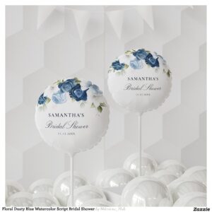 Floral Dusty Blue Watercolor Script Bridal Shower Balloon