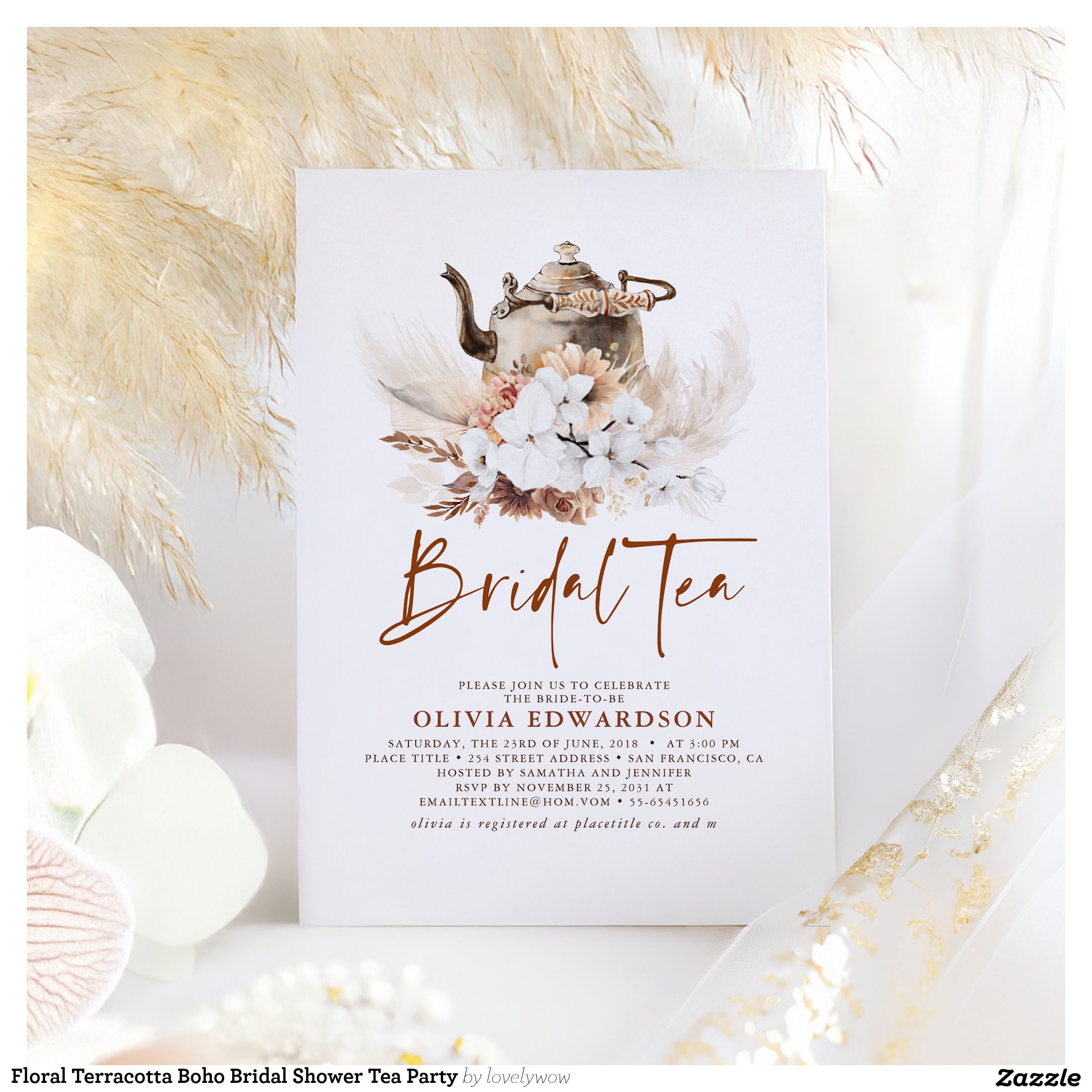 Floral Terracotta Boho Bridal Shower Tea Party Invitation
