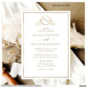 Formal, Elegant White and Gold Monogram Wedding Invitation