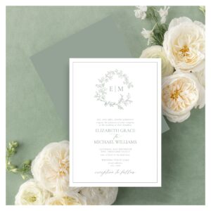 Formal Sage Green Leafy Crest Monogram Wedding Invitation
