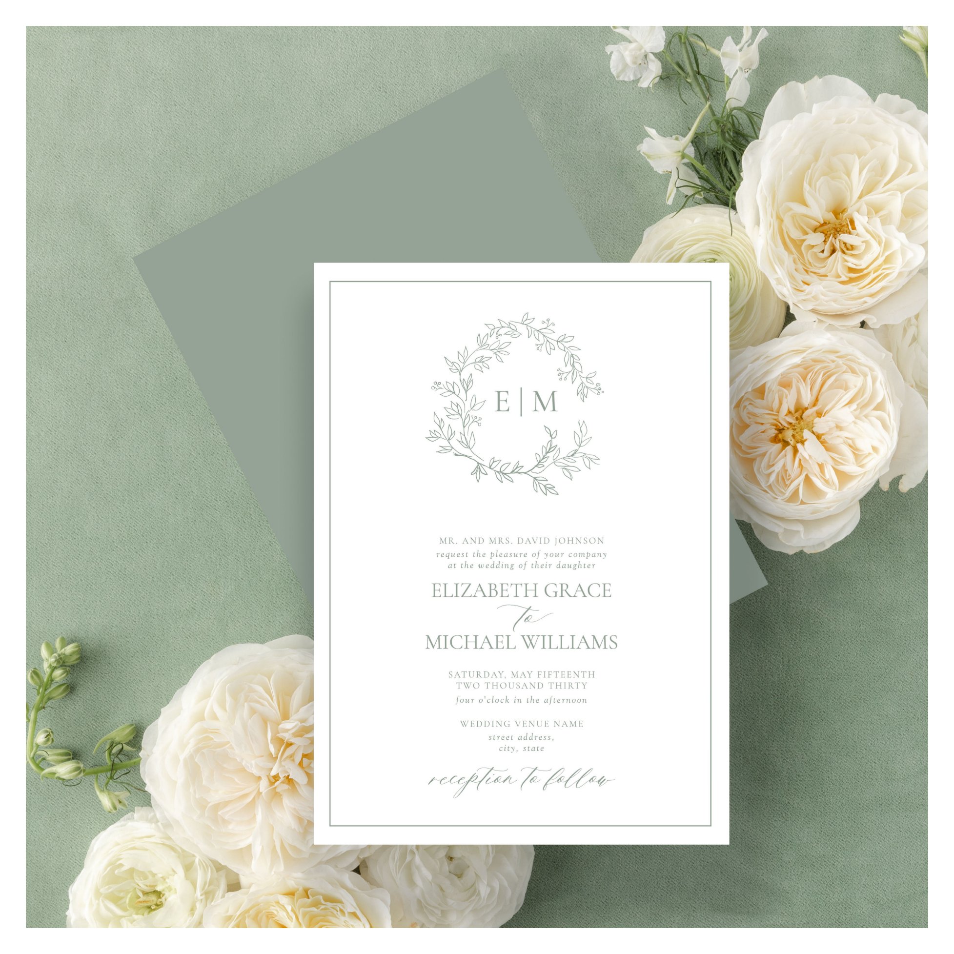 Formal Sage Green Leafy Crest Monogram Wedding Invitation